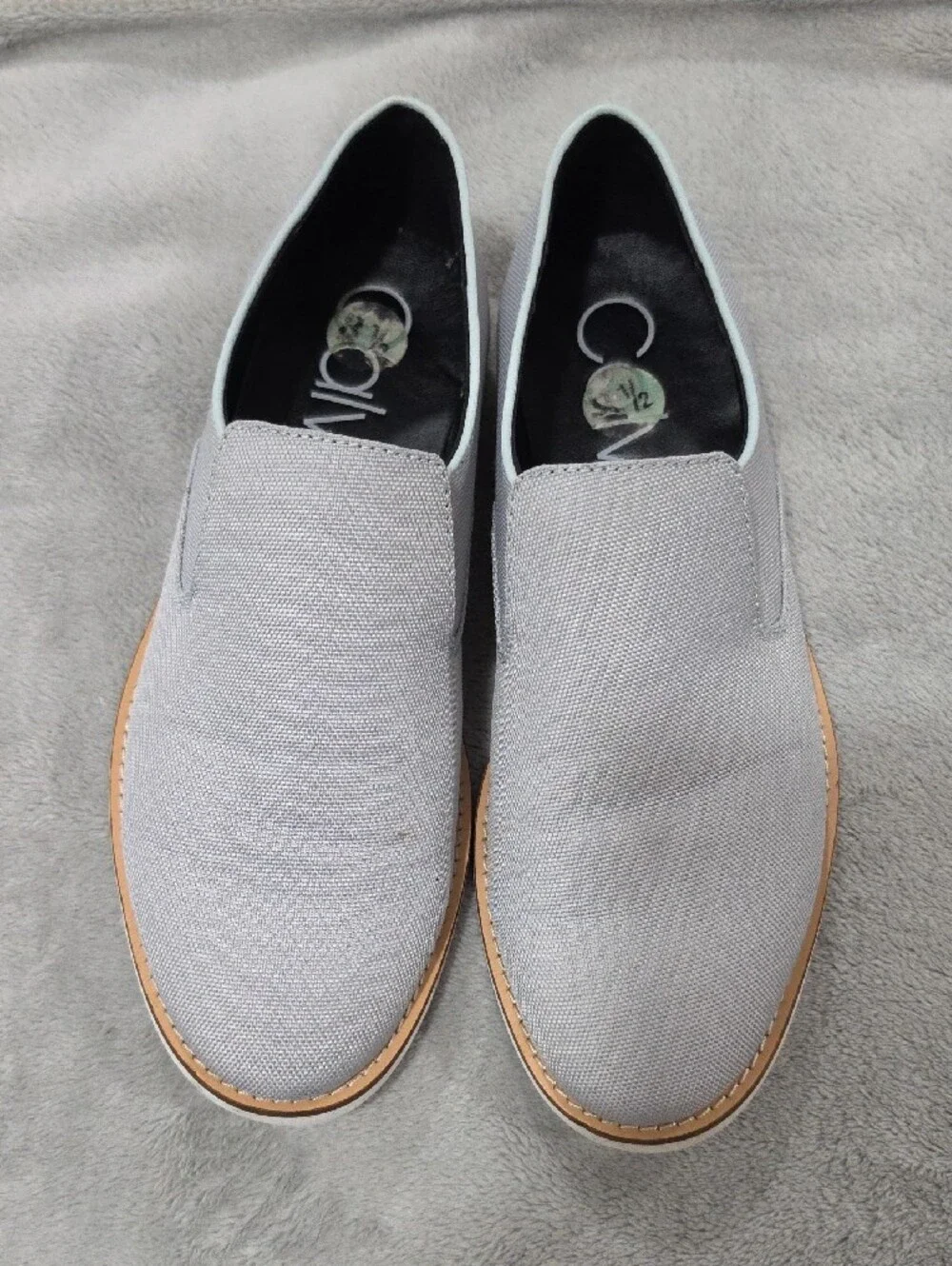 Calvin Klein Light Gray Slip-On Loafers with Tan Trim